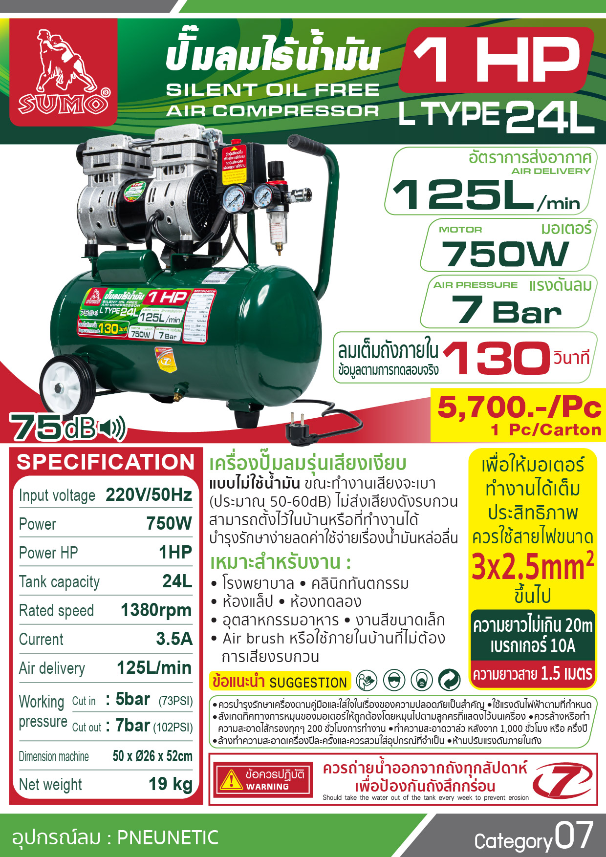 ปั้มลมไร้น้ำมัน 24 ลิตร